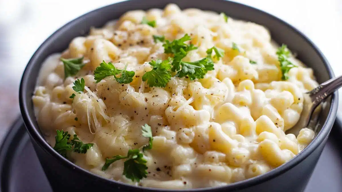 Creamy stovetop white cheddar mac and cheese served in black bowl.