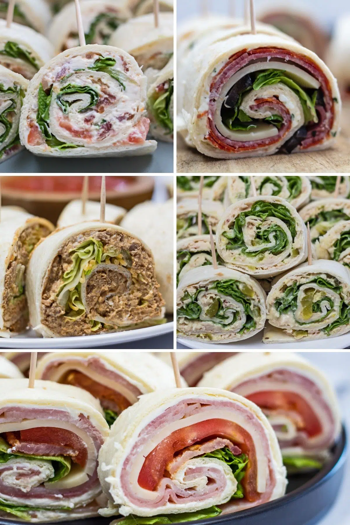 Pinwheel-Sandwiches-Collage mit 5 verschiedenen Rollup-Geschmacksrichtungen.