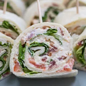 BLT sandwich pinwheel sliced and shown closeup.