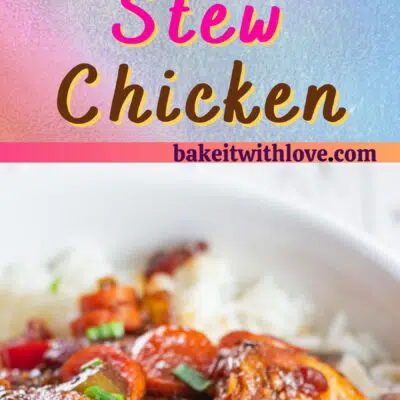 Brown stew chicken pin with 2 images and text divider.