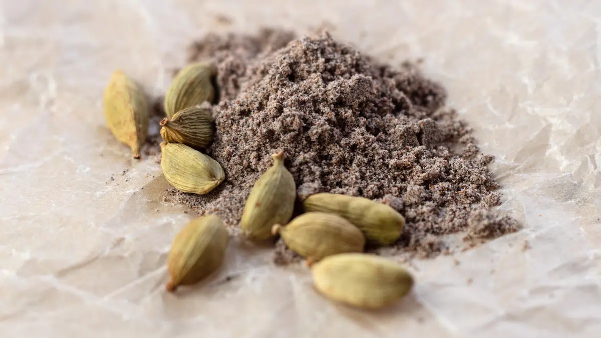 Cardamom substitute ideas for whole cardamom pods and ground cardamom shown here on parchment paper.