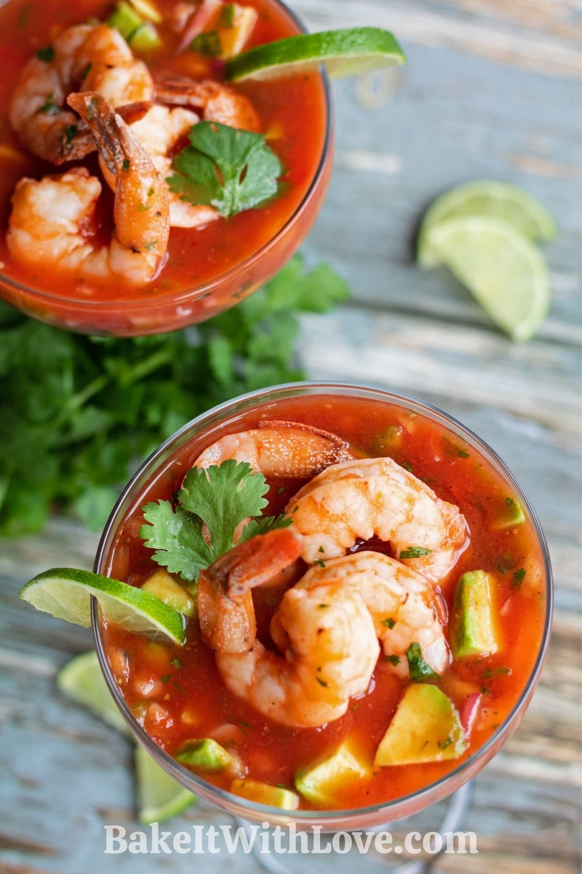 Coctel de Camarones Mexican shrimp cocktail served in margarita glasses.