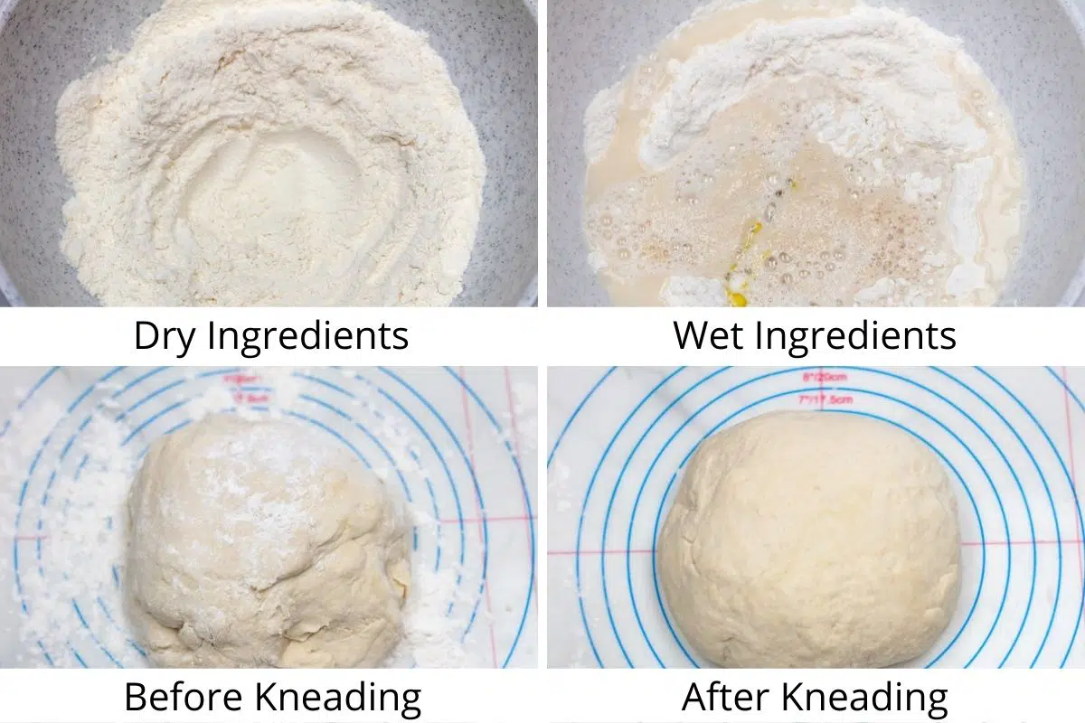 Process photos set 1 of mixing and rising the dough.