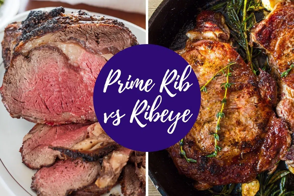 Prime rib vs ribeye what's the difference shown with side by side photos.