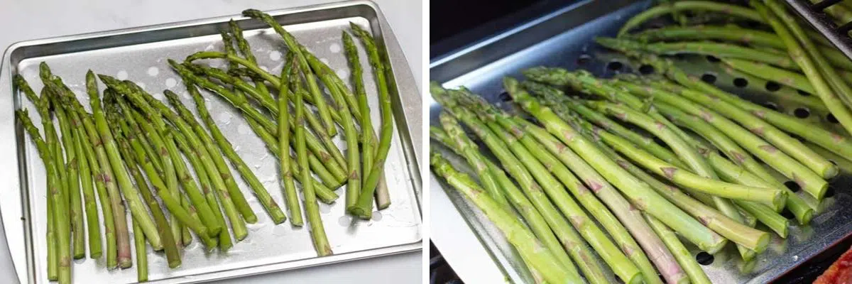 Process photos of preparing the asparagus and transferring into the smoker.