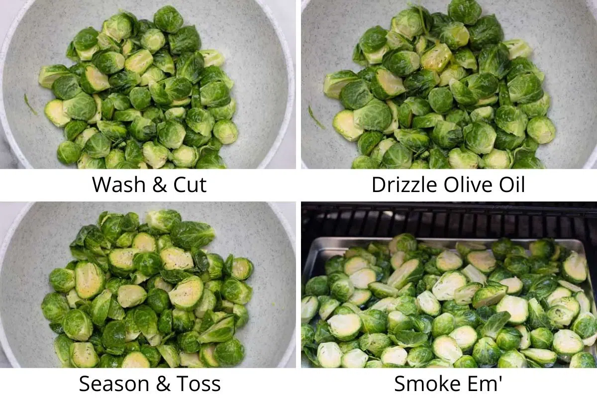 Smoked brussel sprouts process photos of preparing and smoking.