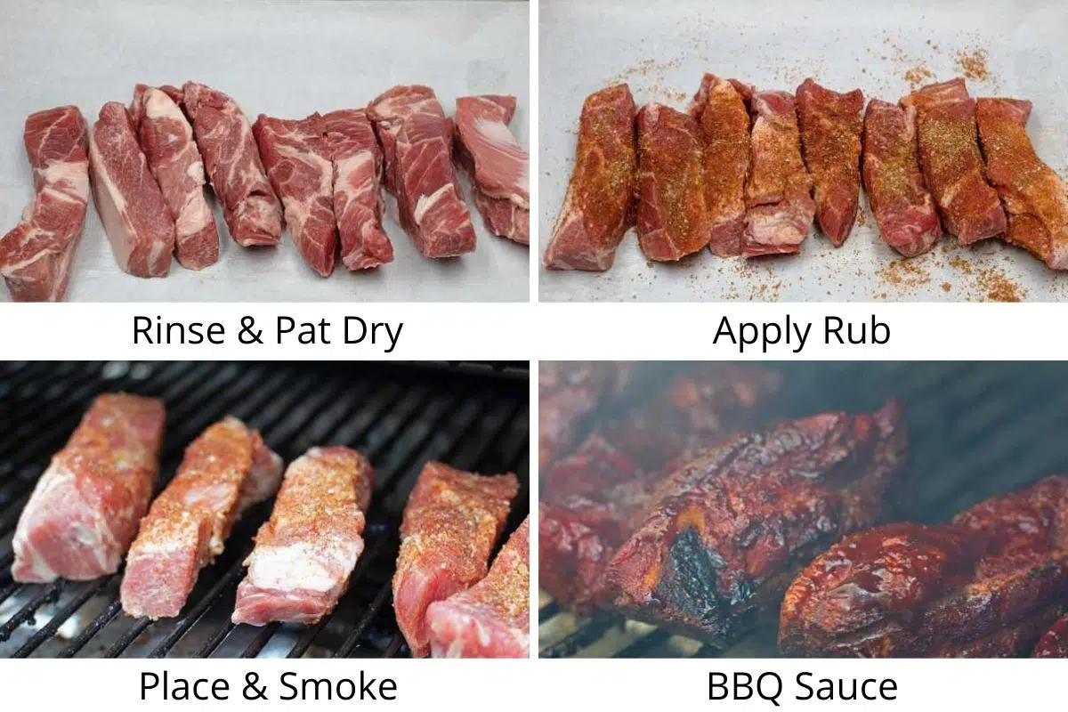 Process photos of smoking the country style pork ribs.