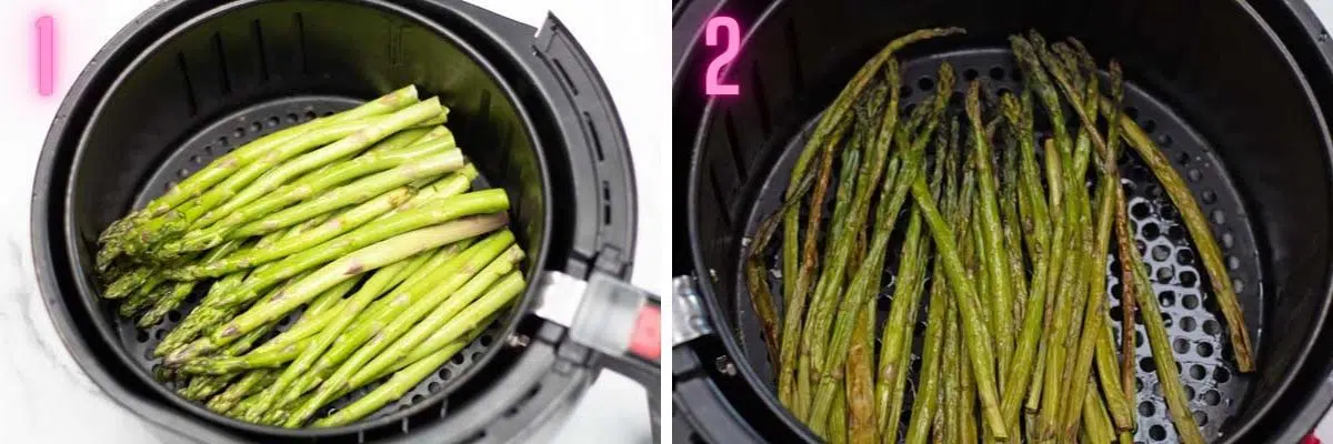 Process photos of making air fryer asparagus.