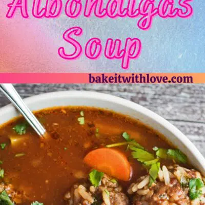 Tall albondigas soup pin with 2 images and text divider.