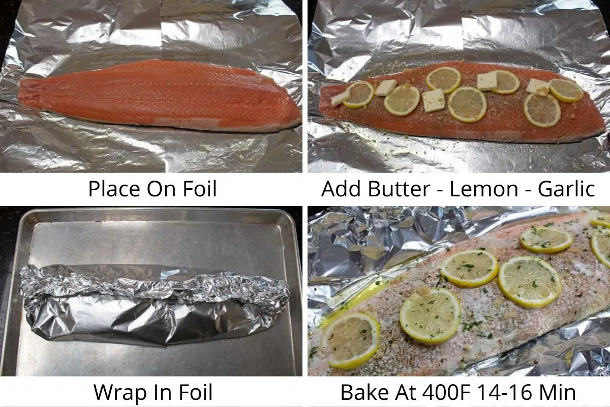 Process photos of seasoning and wrapping the salmon in foil.