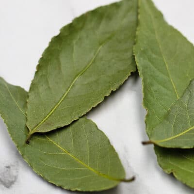 Dried bay leaves shown on light background.