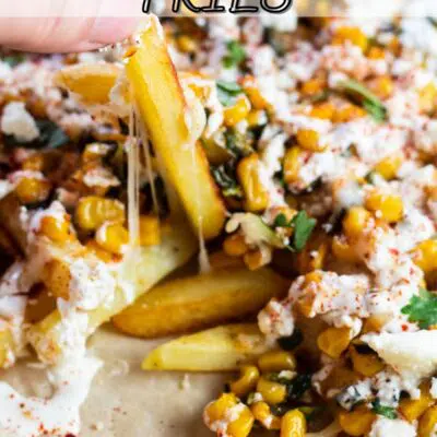Corn fries pin with elotes style fries and text header.