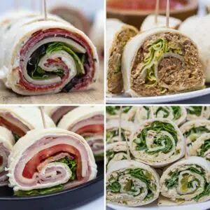 Square collage image of pinwheel sandwiches.