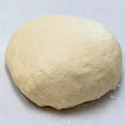 Shaped pizza dough round ready to rise on parchment paper.