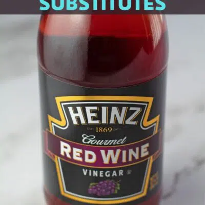Red wine vinegar substitute pin with bottled product photo and text header.