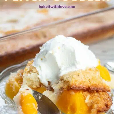 Bisquick peach cobbler pin with text header.