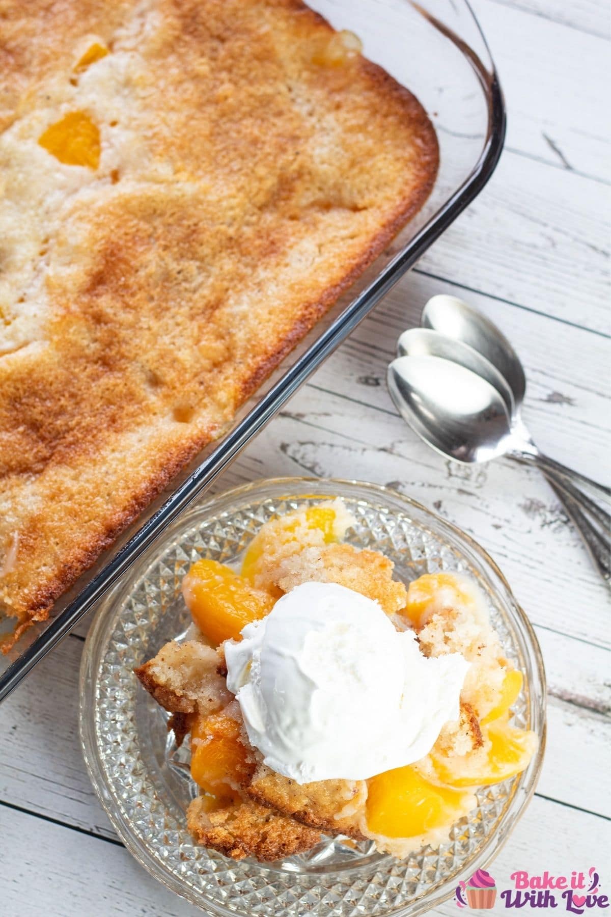 Tall overhead image of the dished up Bisquick peach cobbler.