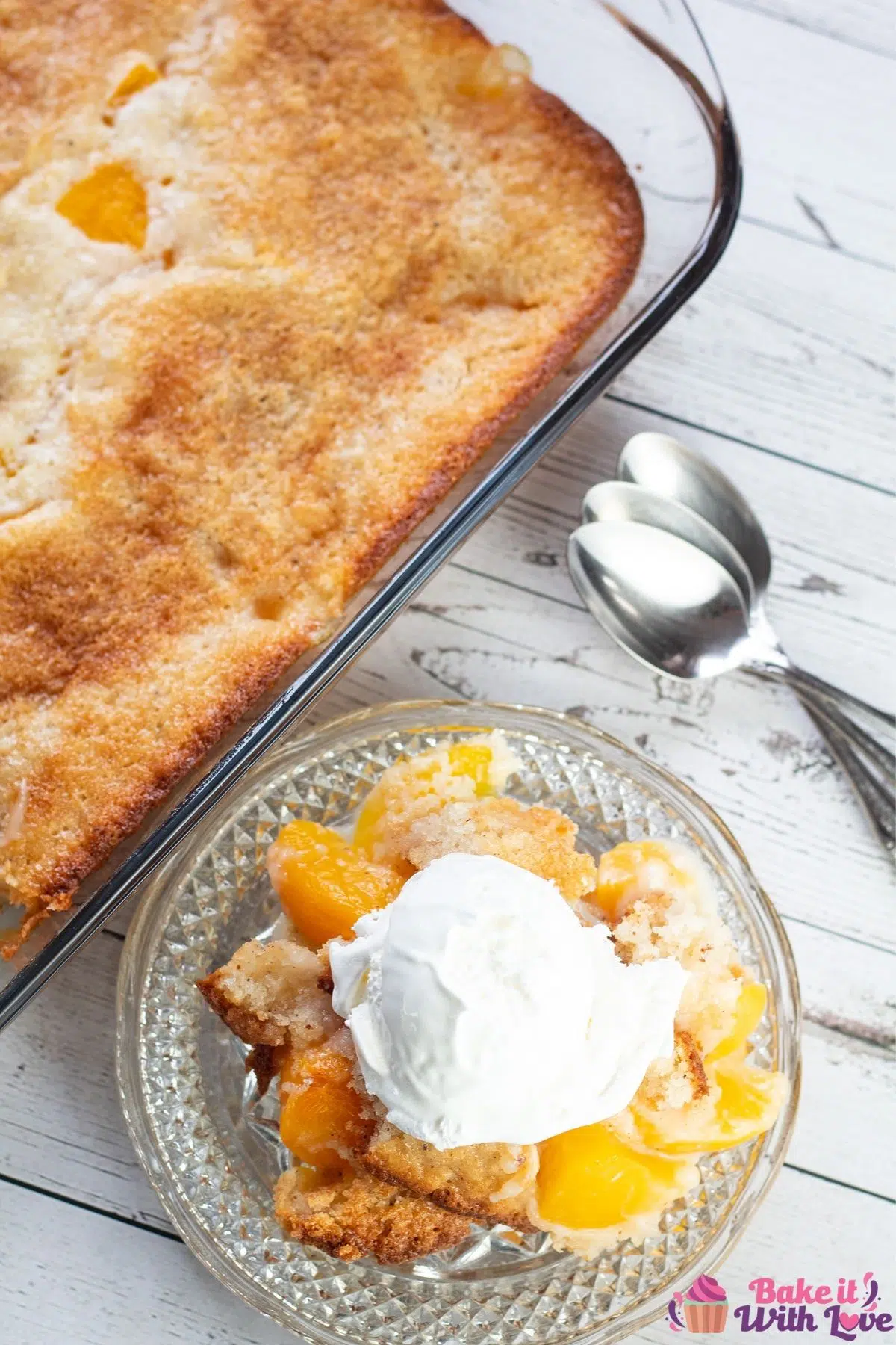 Tall overhead image of the dished up Bisquick peach cobbler.
