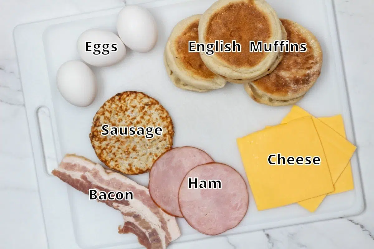 Breakfast sandwich ingredients photo with labels.