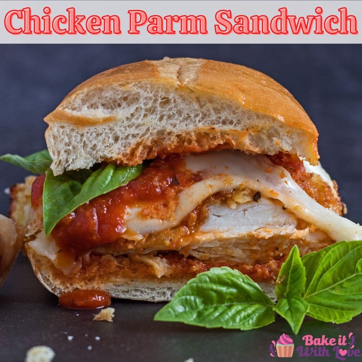 Chicken Parmesan Sandwich pin with text header.