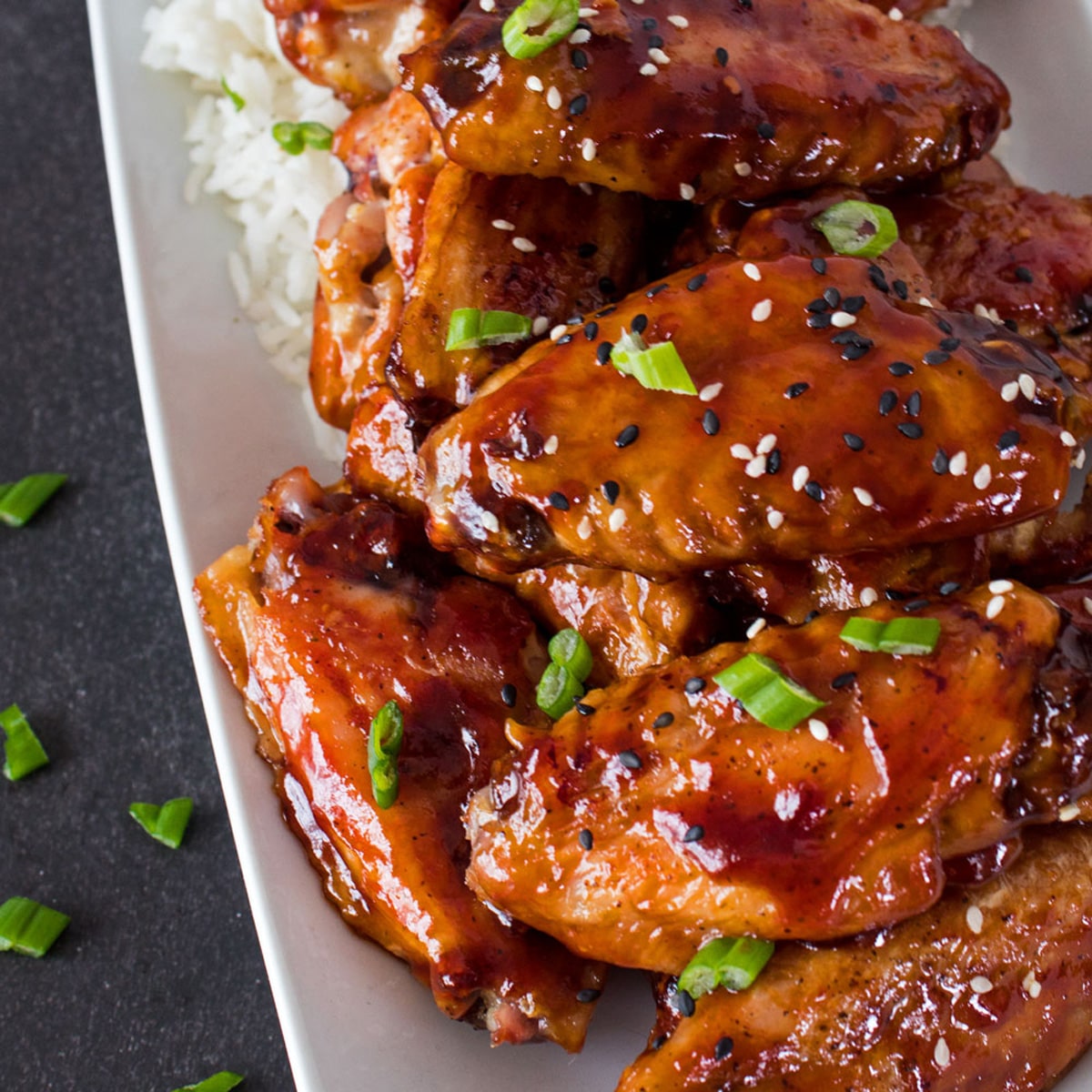 Overhead closeup on the General Tso's chicken wings.