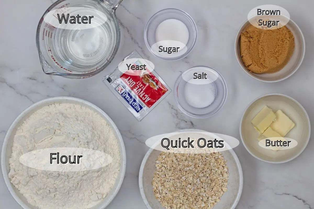 Oat rolls ingredients measured out with labels.
