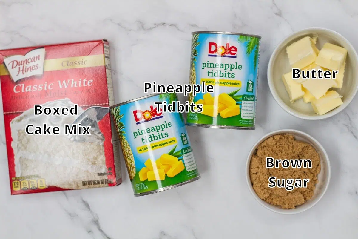 Pineapple dump cake ingredients with labels.