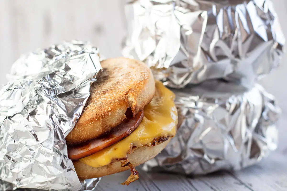 Ready to eat breakfast sandwich with aluminum foil wrapper.