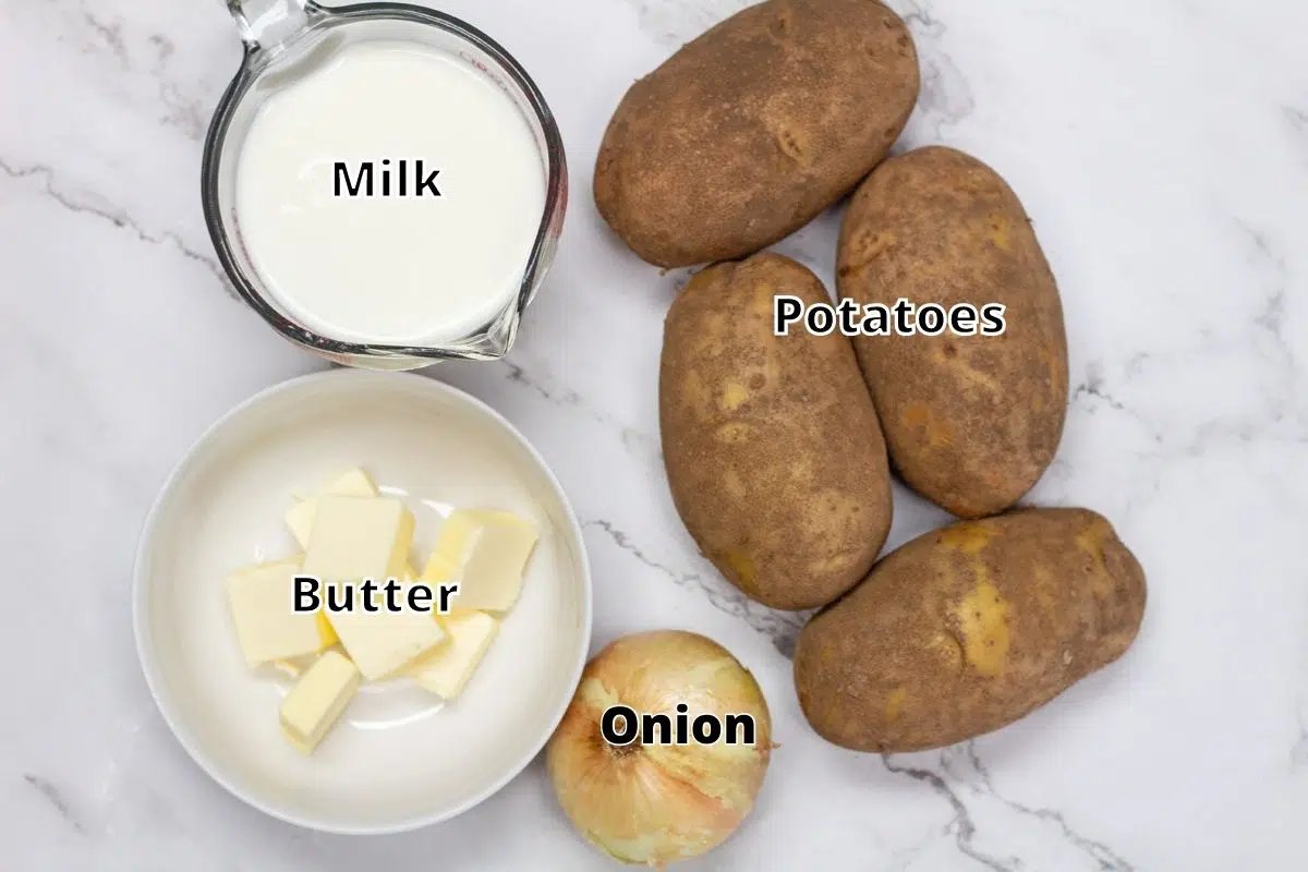 4 ingredient potato soup ingredients with labels.