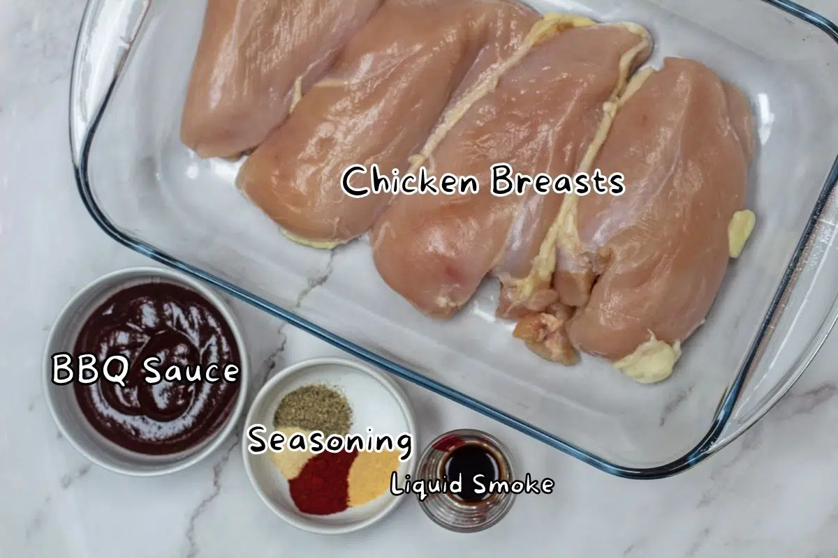 Baked bbq chicken breast ingredients with labels.