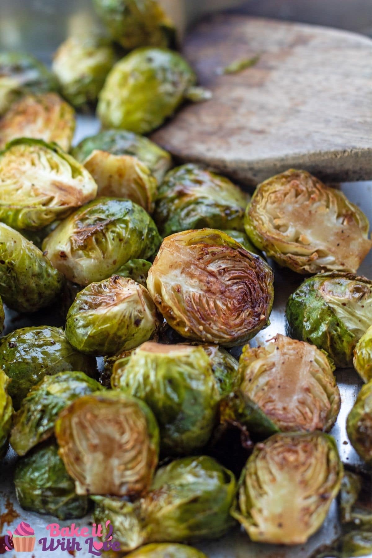 Tall closeup on the balsamic roasted brussel sprouts.
