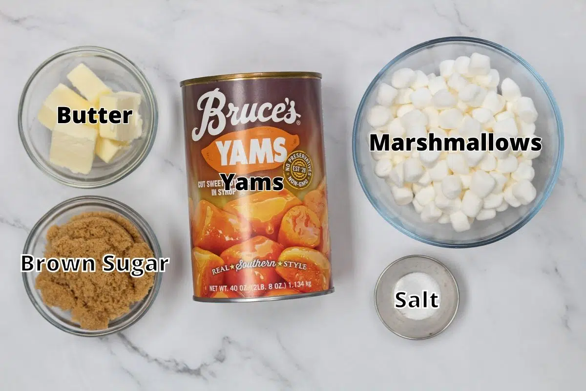 Candied yams with marshmallows ingredients with labels.