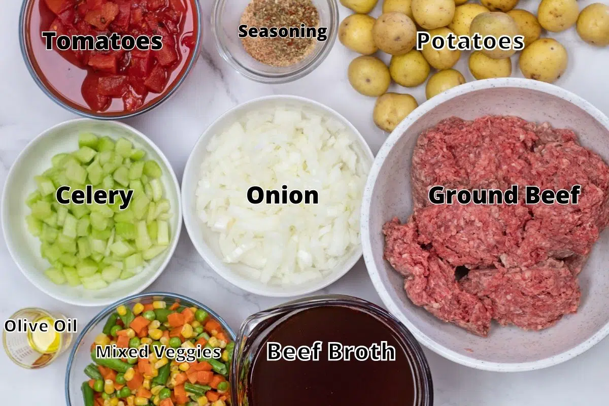 Hamburger soup ingredients with labels.