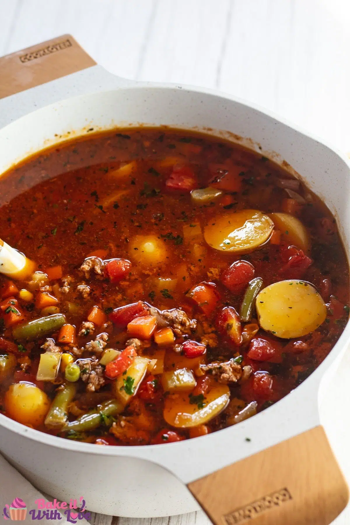 Tall image of the ready to serve hamburger soup.