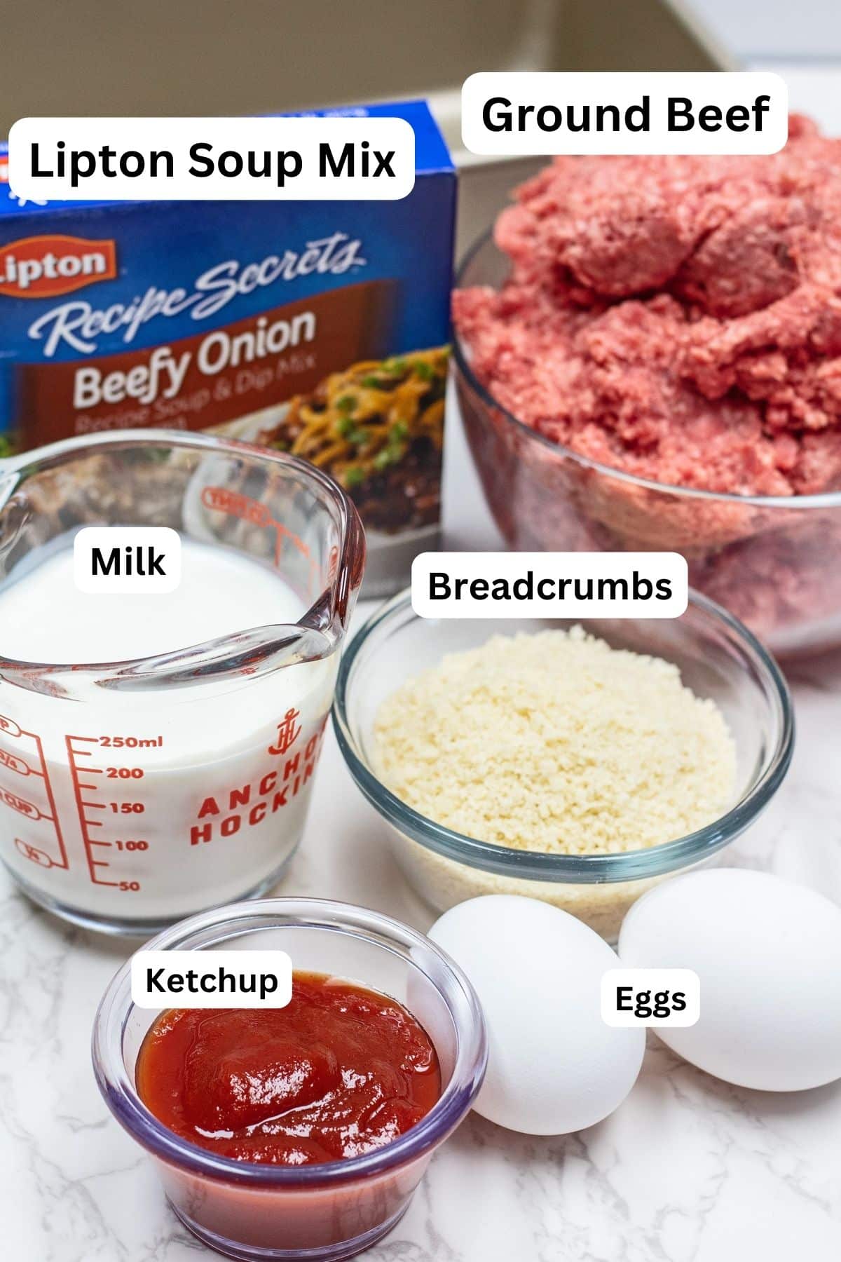 Lipton onion soup meatloaf recipe ingredients measured out and ready to combine.