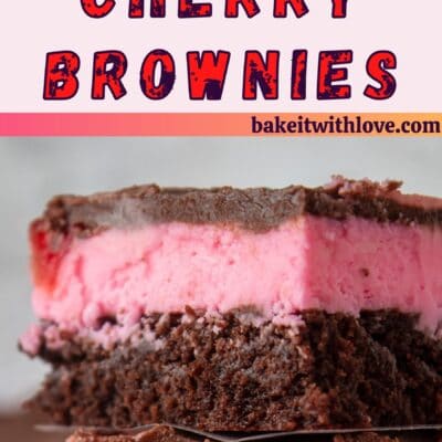 Pin image of maraschino cherry brownies stacked on top of each other.