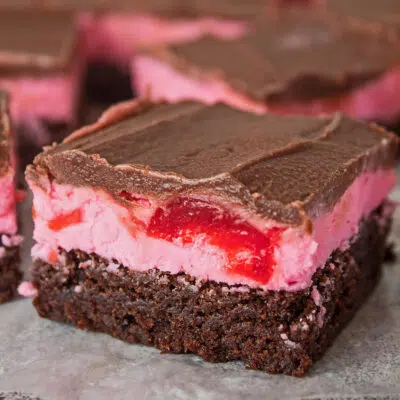 Maraschino cherry brownies close up image on coutertop.