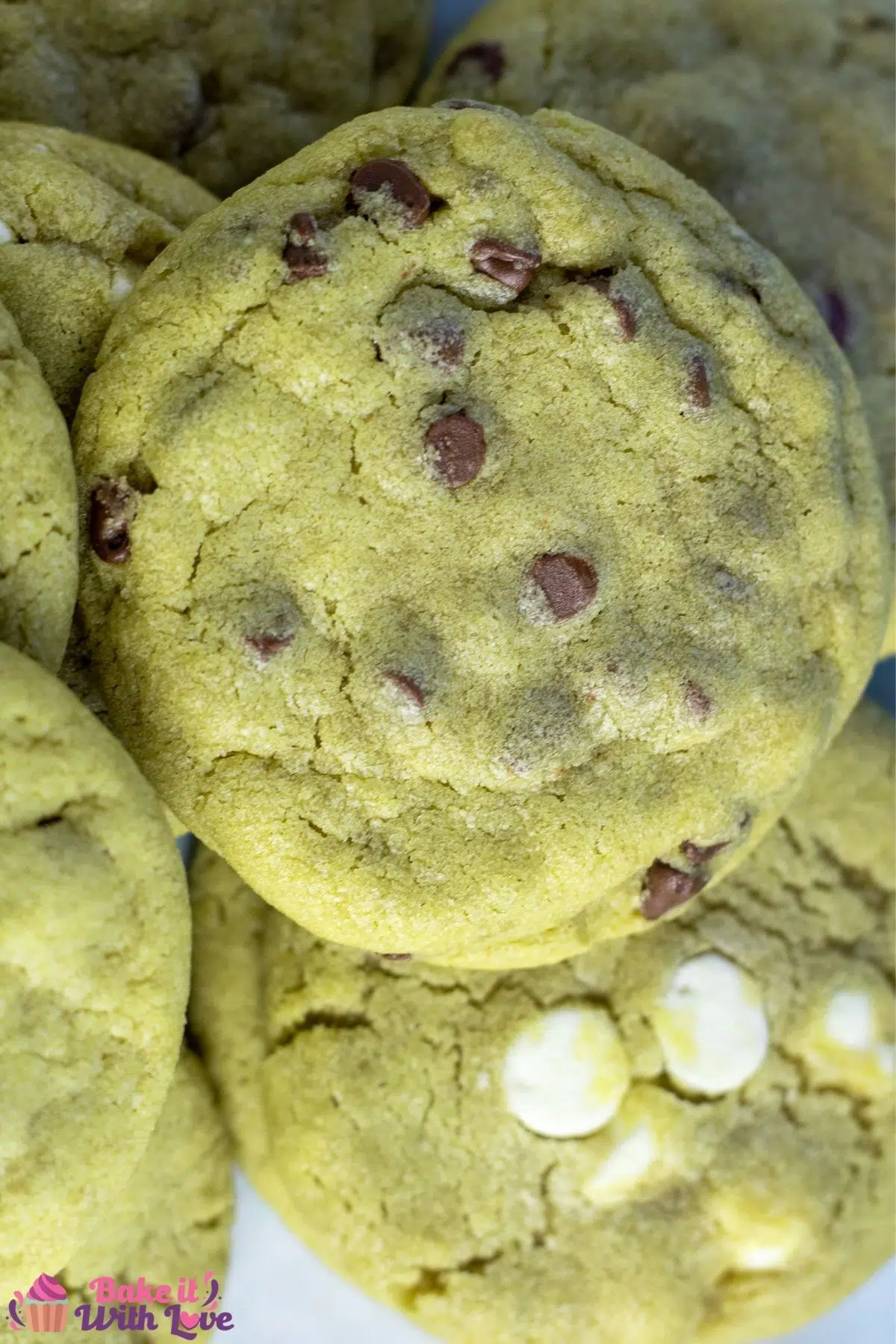 Tall overhead image of the matcha cookies with different white and chocolate chips.