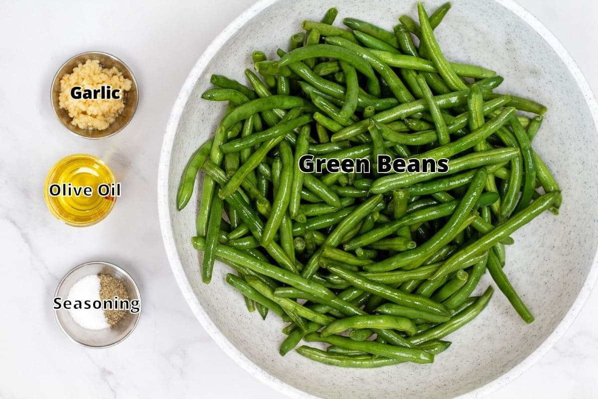 Roasted green beans ingredients with labels.