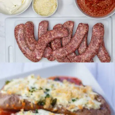 Stuffed Italian sausages pin with 2 images and text header.