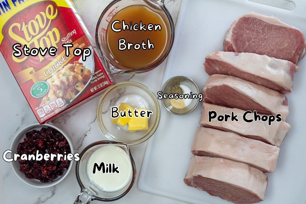 Stuffing stuffed pork chops ingredients with labels.