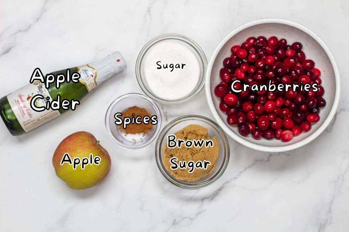 Apple cider cranberry sauce ingredients with labels.
