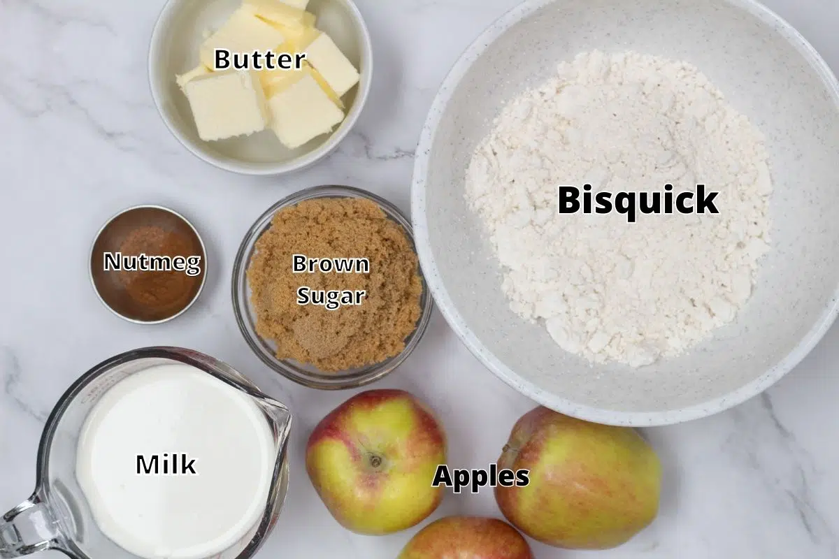 Bisquick apple cobbler ingredients with labels.