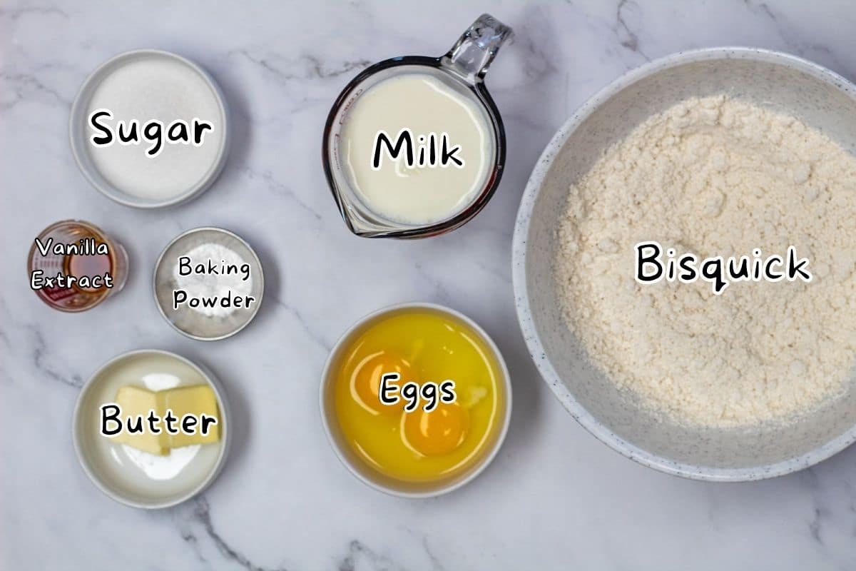 Bisquick pancakes ingredients with labels.
