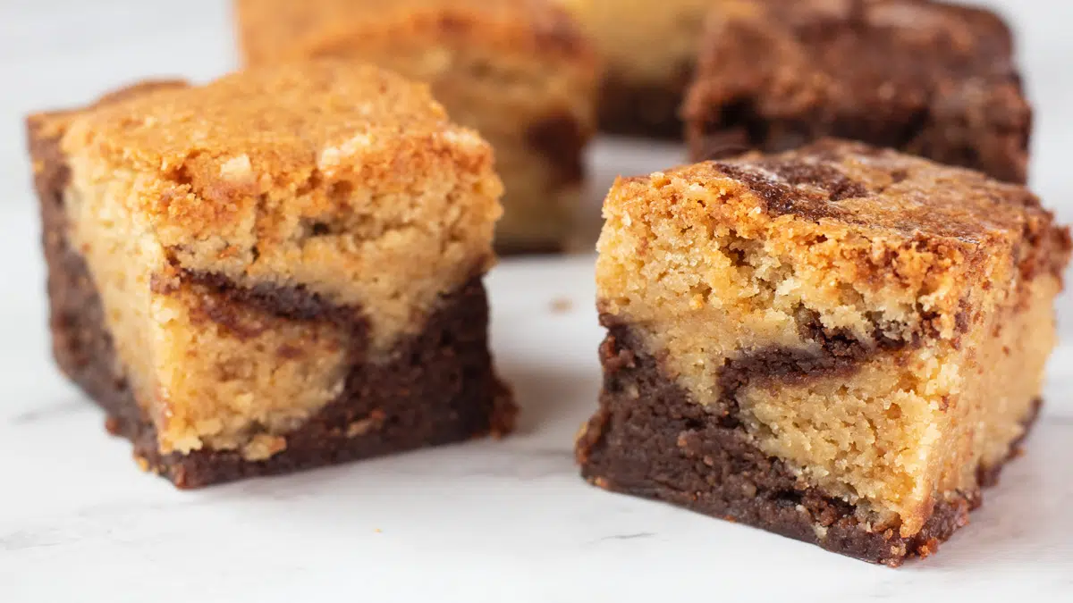 Wide closeup image of the blondie brownies on light background.