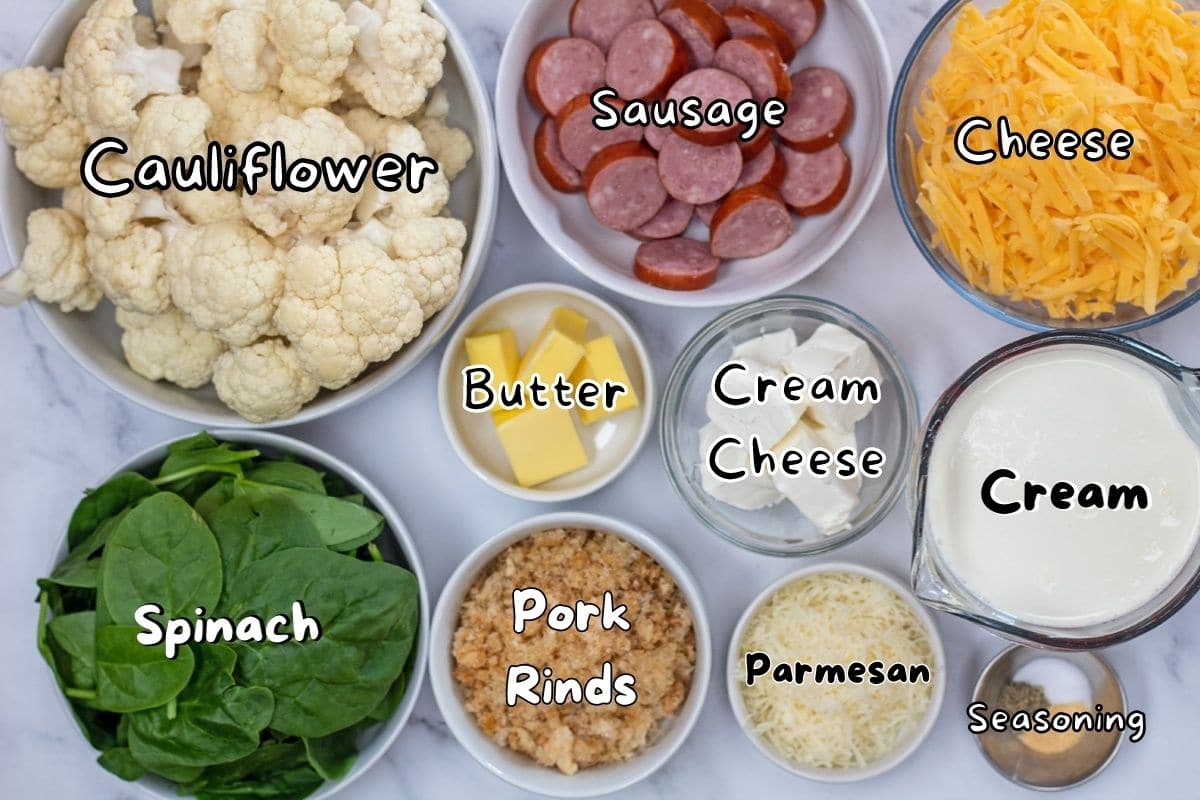 Cauliflower mac and cheese ingredients with labels.