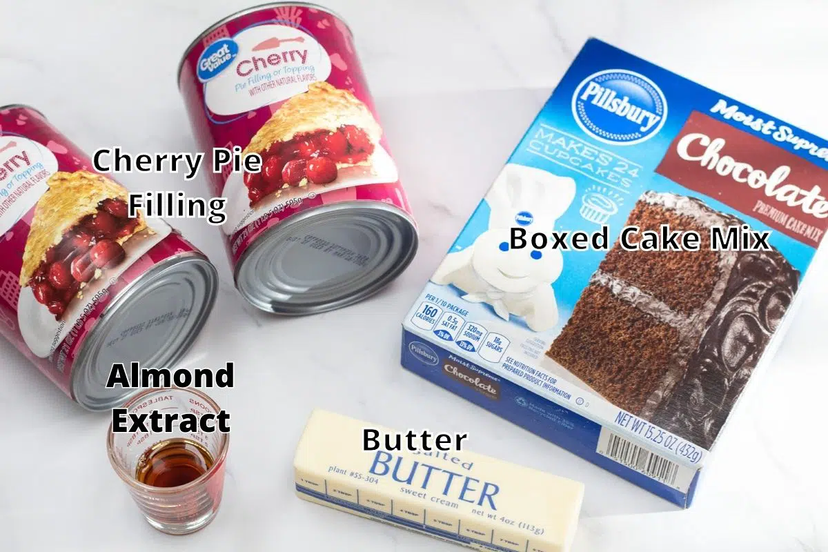 Chocolate cherry dump cake ingredients with labels.