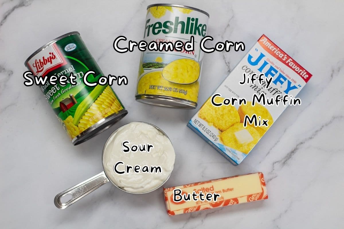 Jiffy corn casserole ingredients with labels.