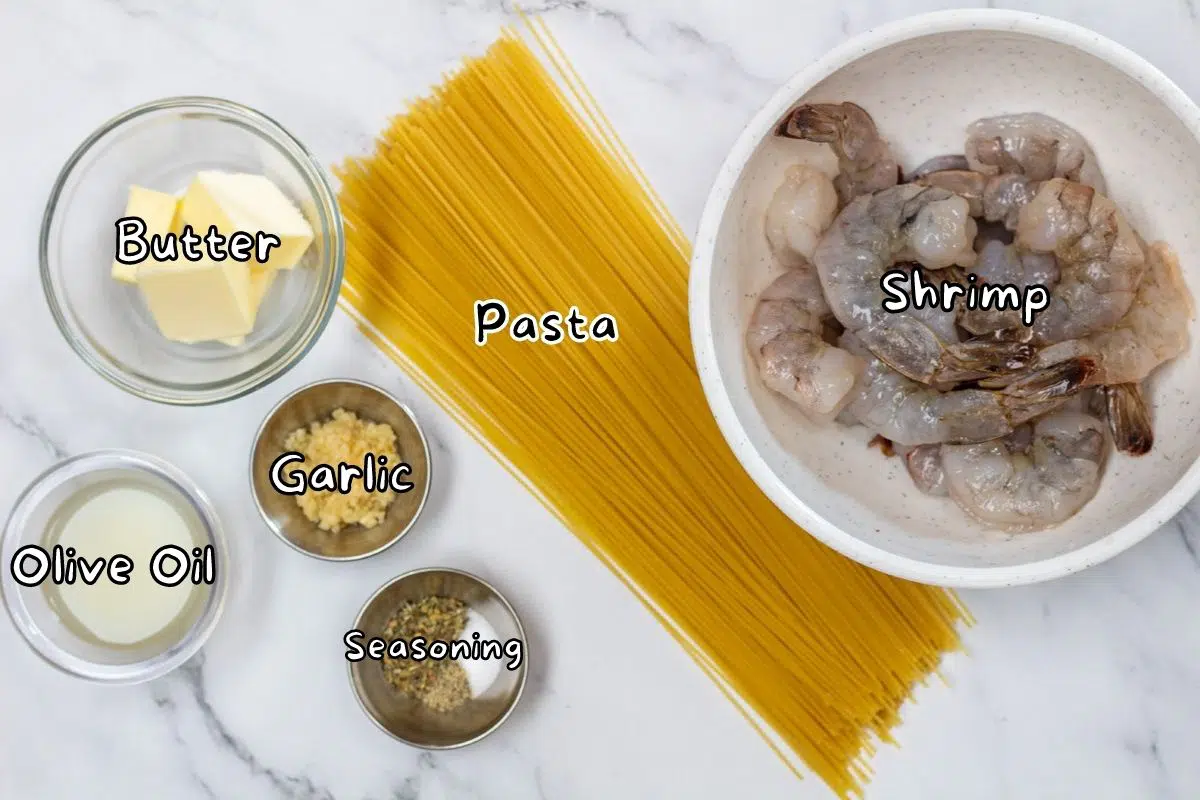 Lemon garlic shrimp pasta ingredients with labels.