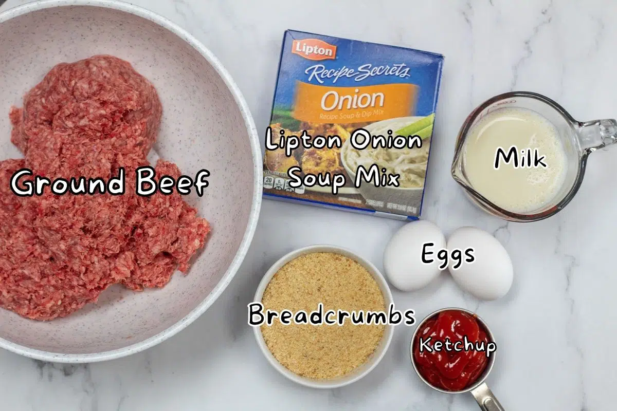 Lipton onion soup meatloaf ingredients with labels.